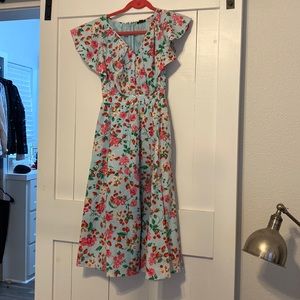 ANN TAYLOR PETITE FLORAL FLUTTER SLEEVE FLARE DRESS AQUA CRYSTAL STRAWBERRY